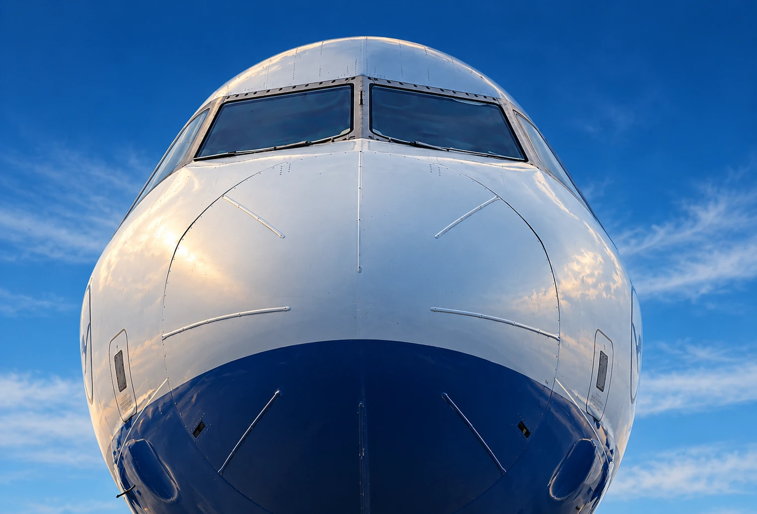 Nariz e cockpit de uma aeronave vistos de frente, com reflexos prateados e céu azul