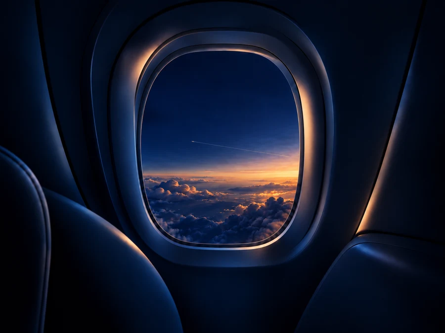 Vista das nuvens e do pôr do sol pela janela de uma aeronave